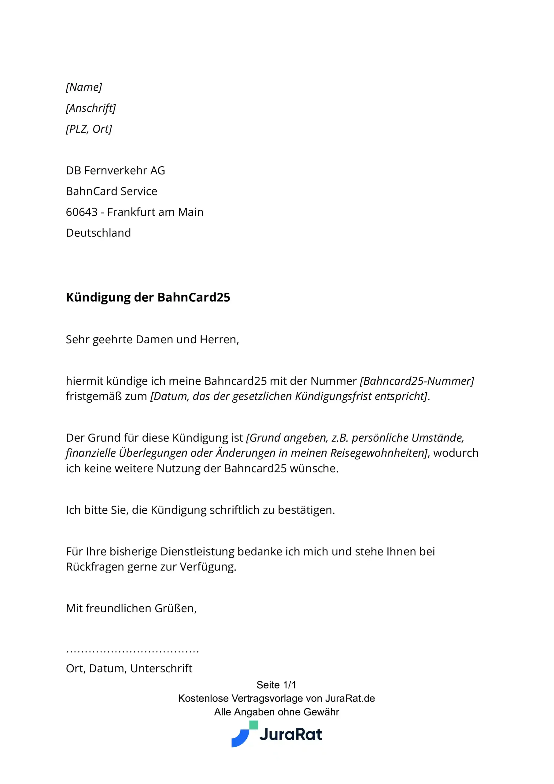 BahnCard Kündigung: So sieht das Kündigungsschreiben von JuraRat aus.
