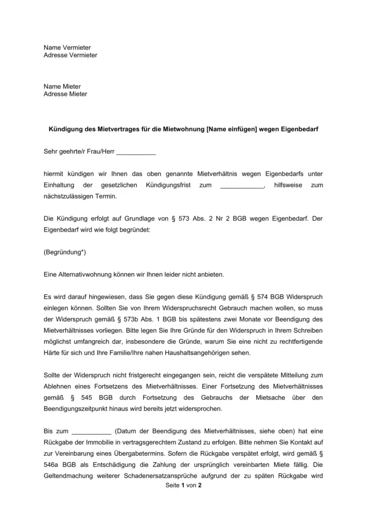 Eigenbedarfsk ndigung Muster Ratgeber PDF Word Vorlage