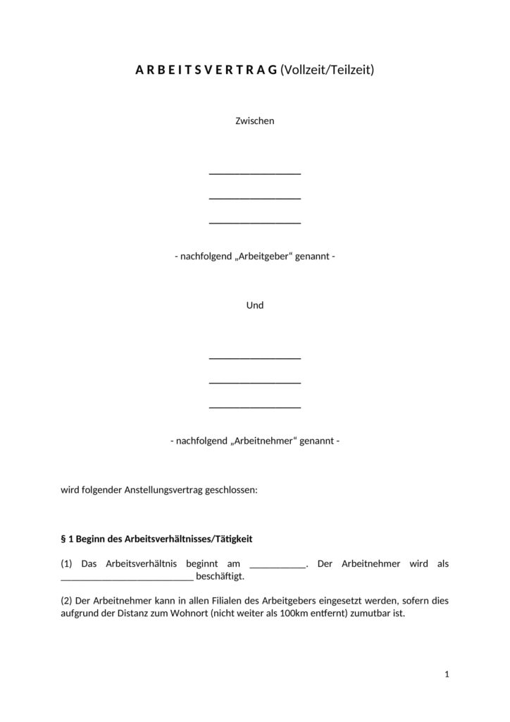 Arbeitsvertrag Muster | Word- und PDF Arbeitsvertrag Vorlage