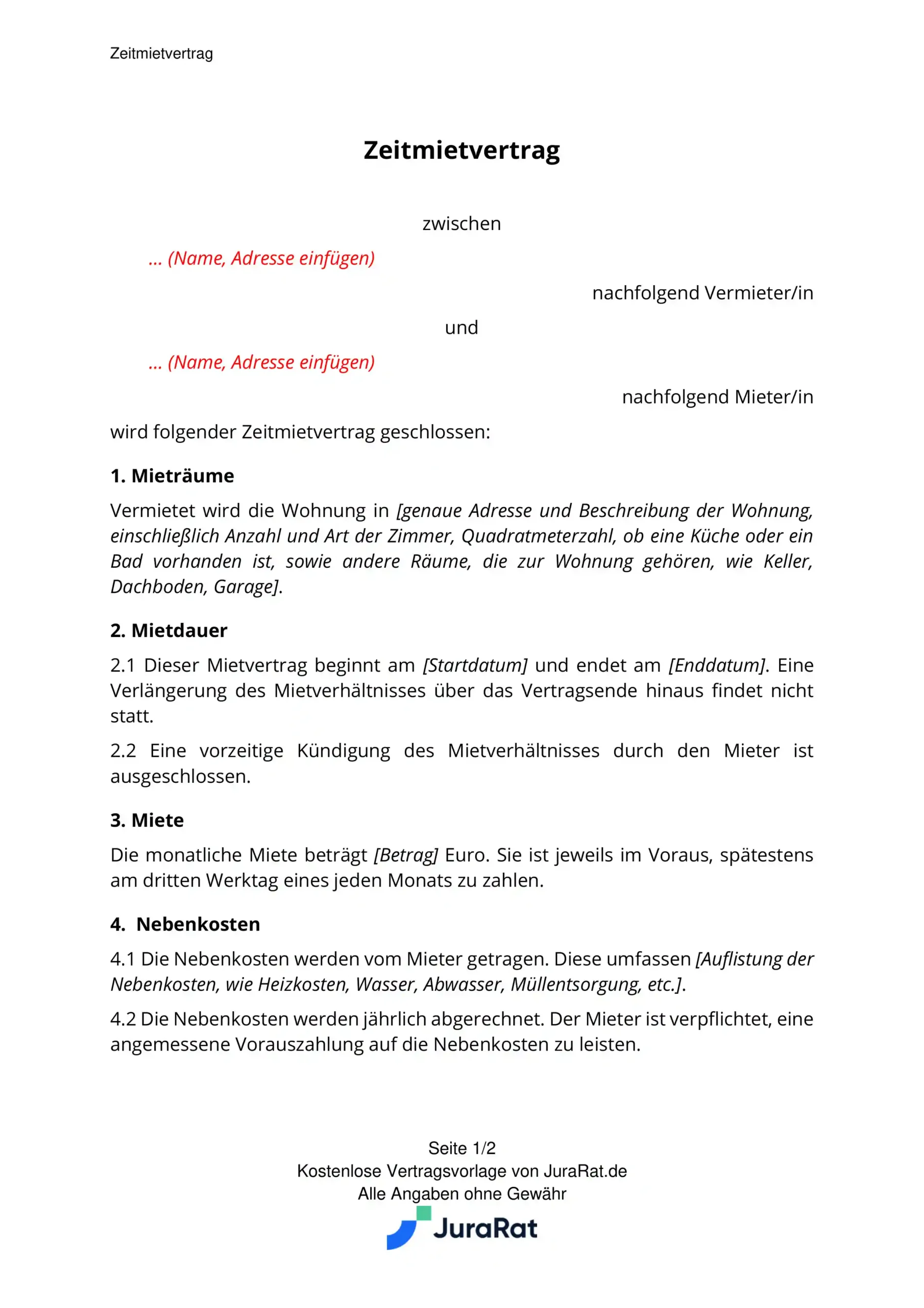 Zeitmietvertrag Muster: Kostenlose Vorlage von JuraRat.