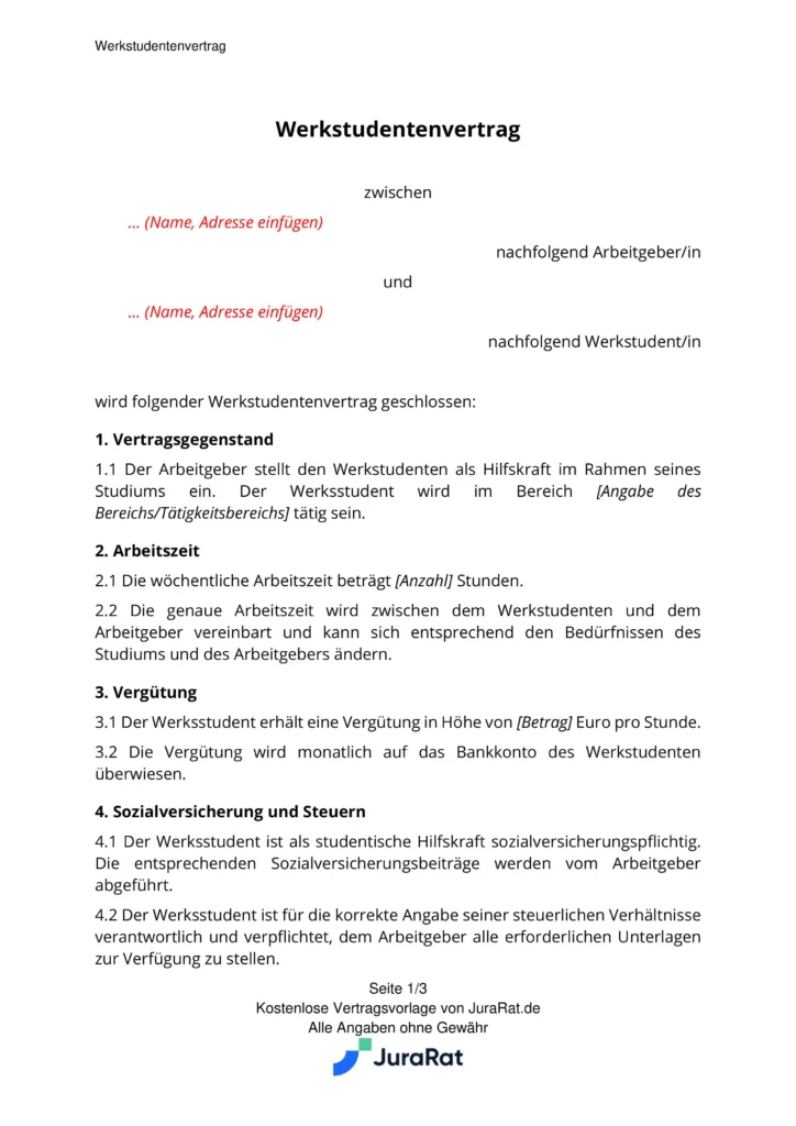 Werkstudentenvertrag Muster: Inkl. PDF- Und Word-Vorlage