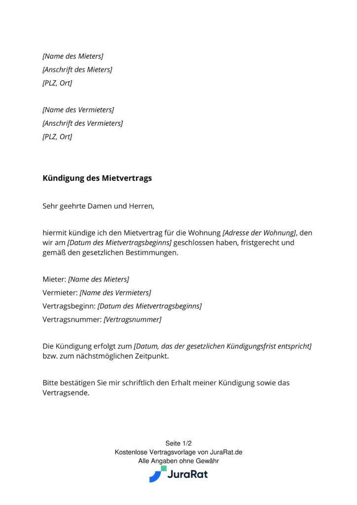Wohnungskündigung Vorlage Ratgeber, PDF & WordMuster