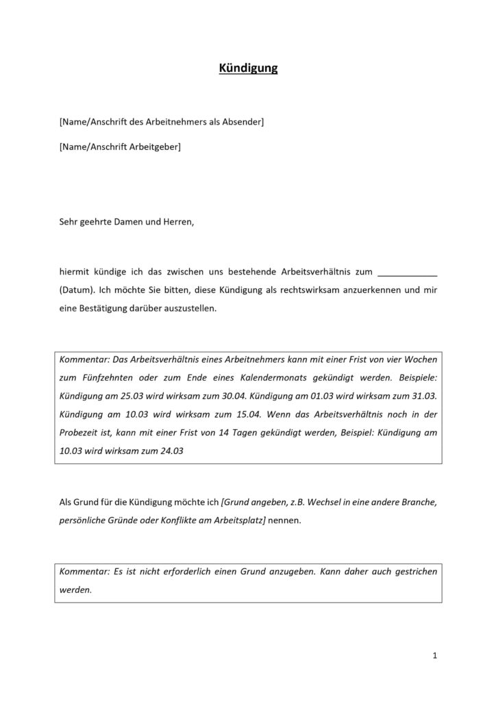 Kündigung Arbeitsvertrag Vorlage inkl. Word und PDFMuster