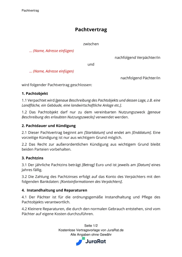 Pachtvertrag Vorlage Ratgeber, PDF und WordMuster