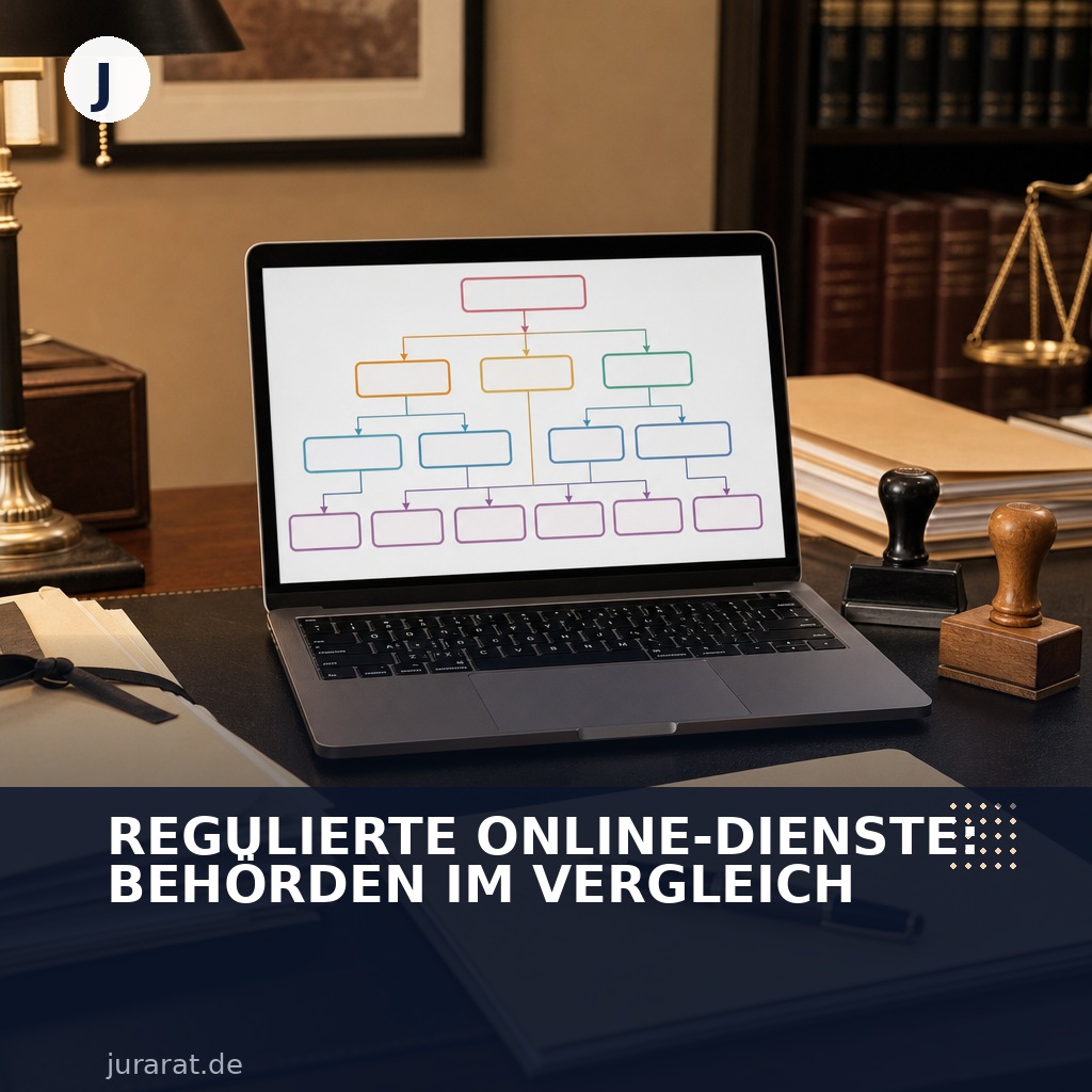 Infografik-Titelbild: Laptop mit Organigramm der Aufsichtsbehörden für Online-Dienste