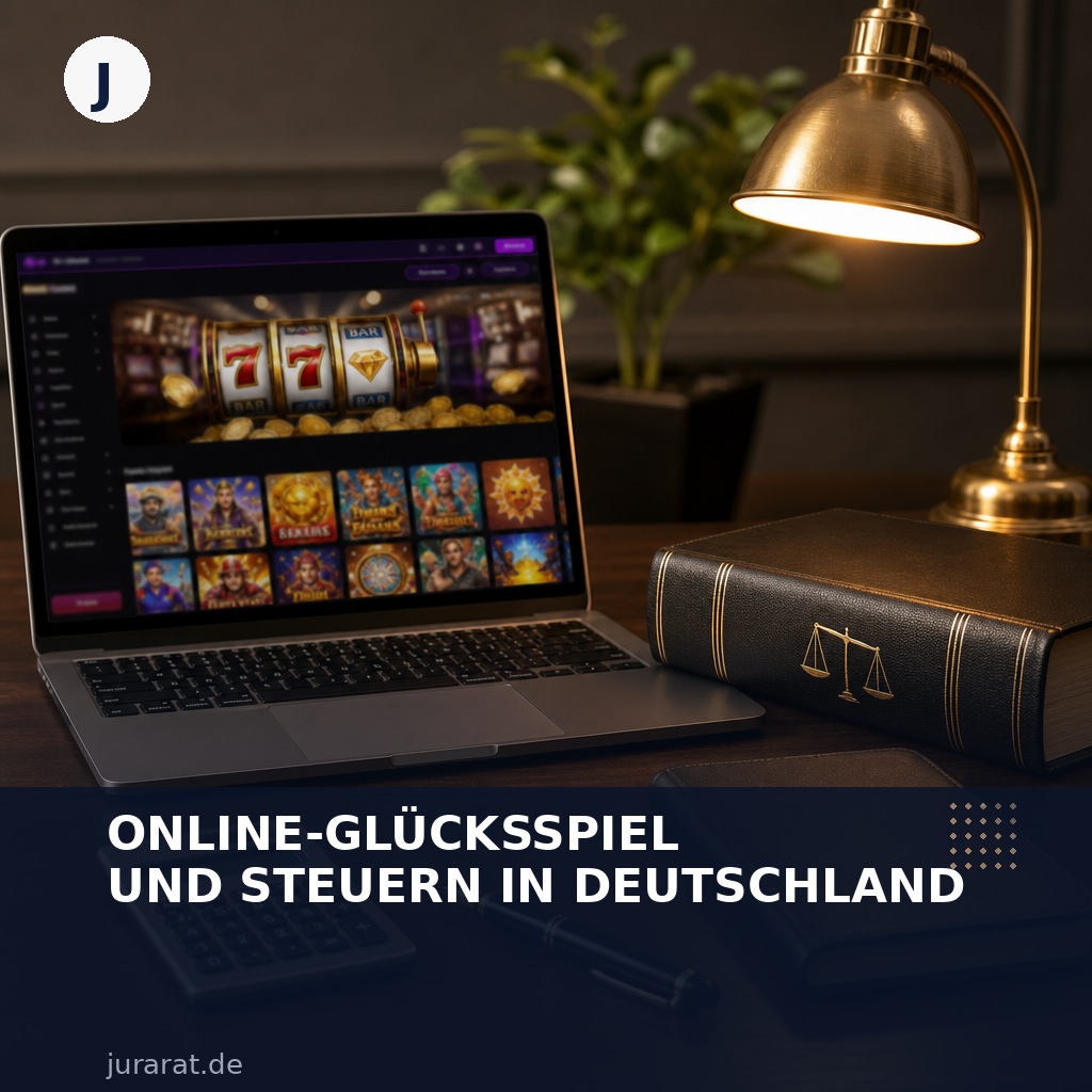 Laptop mit Online-Casino-Spiel neben Gesetzbuch und Taschenrechner – Ratgeber Online-Glücksspiel und Steuern in Deutschland