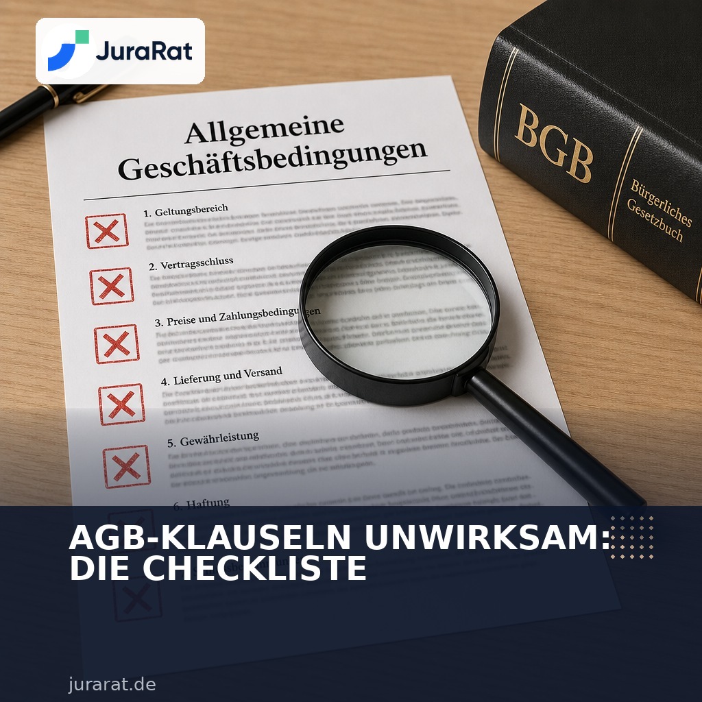 Infografik-Titelbild: AGB-Dokument mit rot markierten unwirksamen Klauseln, Lupe und BGB