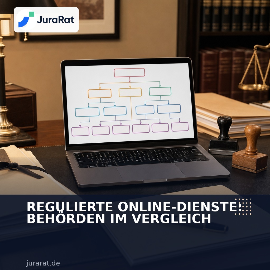 Infografik-Titelbild: Laptop mit Organigramm der Aufsichtsbehörden für Online-Dienste