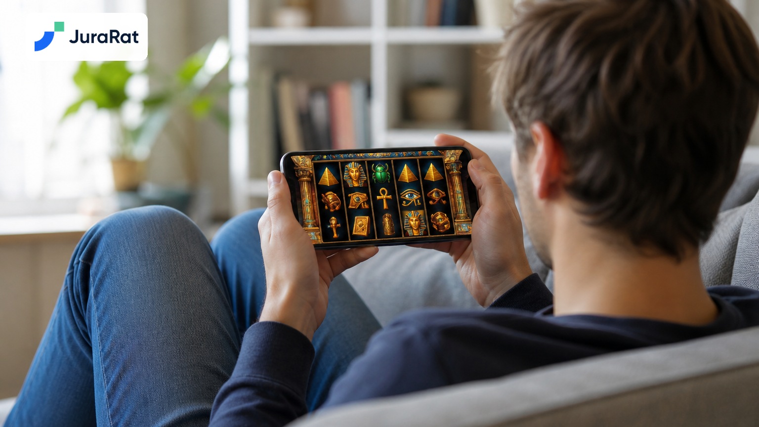 Person auf dem Sofa spielt ein Automatenspiel mit ägyptischen Symbolen auf dem Smartphone – Ratgeber legale Online-Casinos von JuraRat