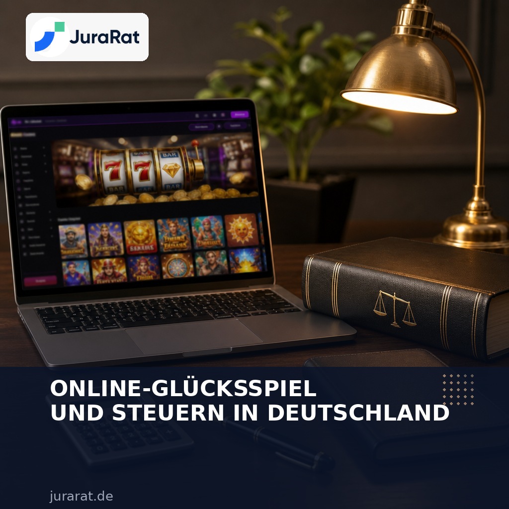 Laptop mit Online-Casino-Spiel neben Gesetzbuch und Taschenrechner – Ratgeber Online-Glücksspiel und Steuern in Deutschland