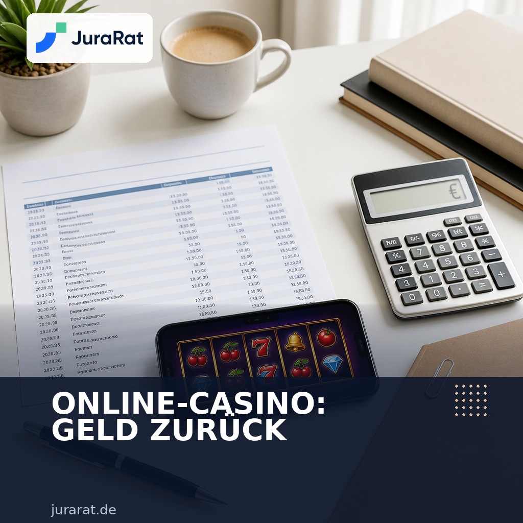 Kontoauszug, Smartphone mit Slot-Spiel und Taschenrechner auf einem Schreibtisch, Überschrift Online-Casino: Geld zurück